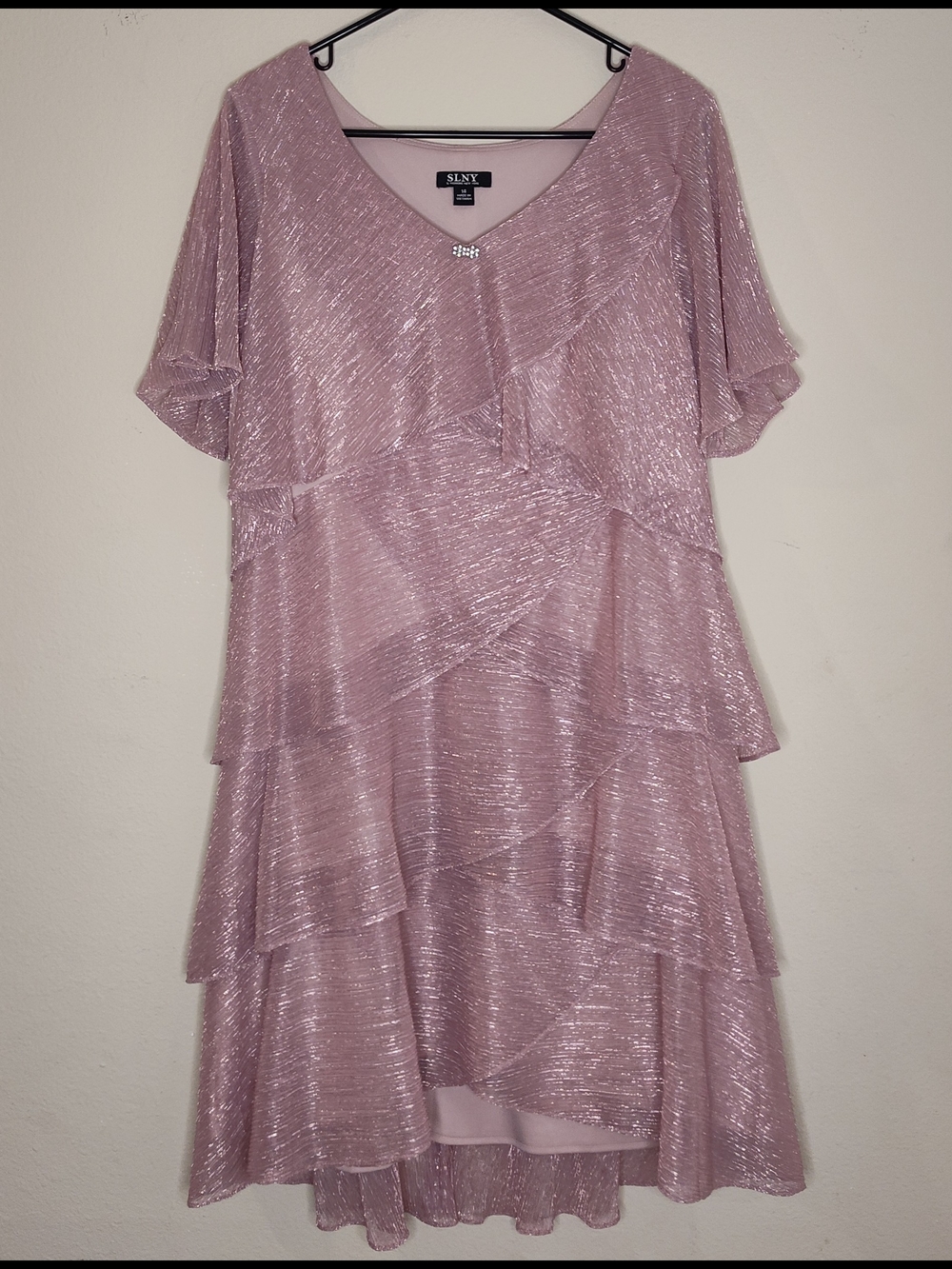 SLNY Dusty Rose Shimmer Tiered High-Low Dress